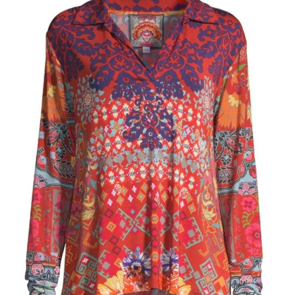 Size L Johnny Was Syriah Long Sleeve Split neck Polo Top